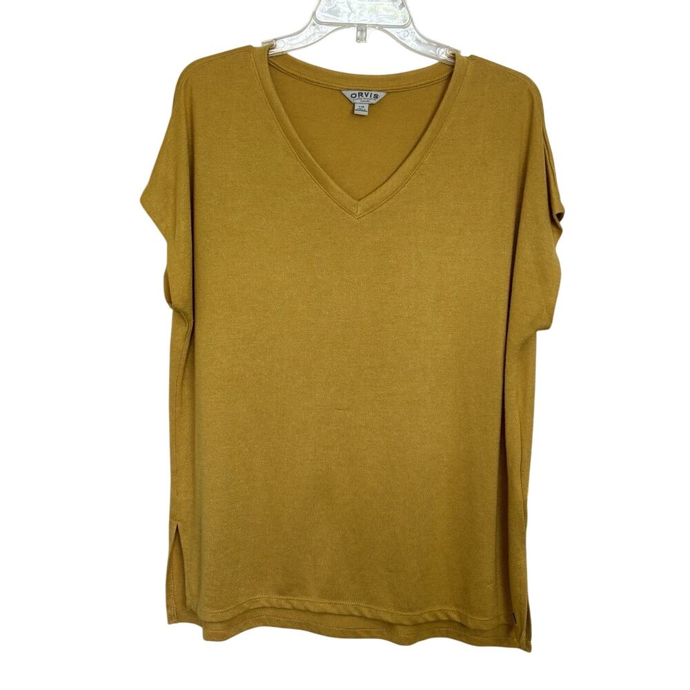 Orvis Mustard Yellow Gold Short Sleeve V-Neck Top L Nature Outdoors Casual
